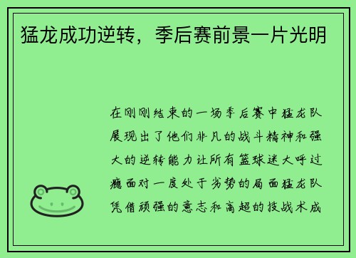 猛龙成功逆转，季后赛前景一片光明